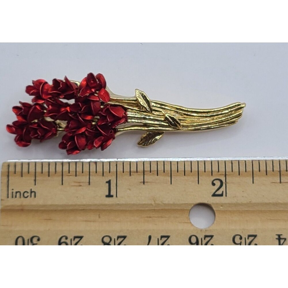 Vintage Danbury Mint Brooch Red Roses Enamel Long Stem Bouquet Pin Signed DMG97 - Picture 8 of 9